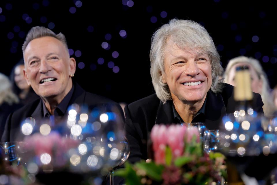 Bruce Springsteen and honoree Jon Bon Jovi attend the 2024 MusiCares Person of the Year Honoring Jon Bon Jovi, Feb. 2, 2024. in Los Angeles.