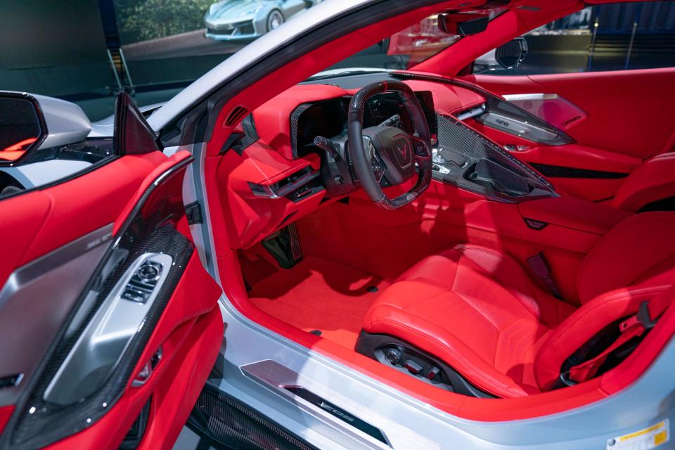 The new 2023 Corvette Z06 coup with Silver Flare exterior paint color and Adrenaline Red Dipped interior was on display at the GM Tech Center in Warren on Friday, Oct. 22, 2021.