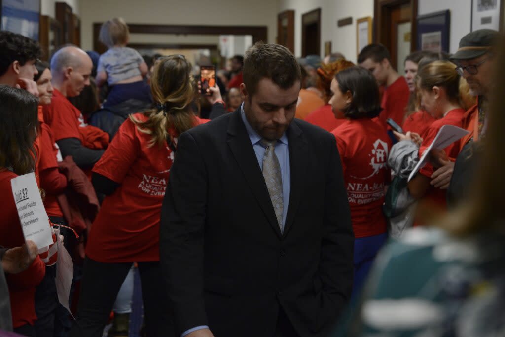 Rep. Jesse Sumner, R-Wasilla, looks down as he enters the House chambers before a veto override vote on Senate Bill 140 on Monday, March 18, 2024. Sumner voted yes on the override, which failed by a single vote. (Photo by James Brooks/Alaska Beacon)