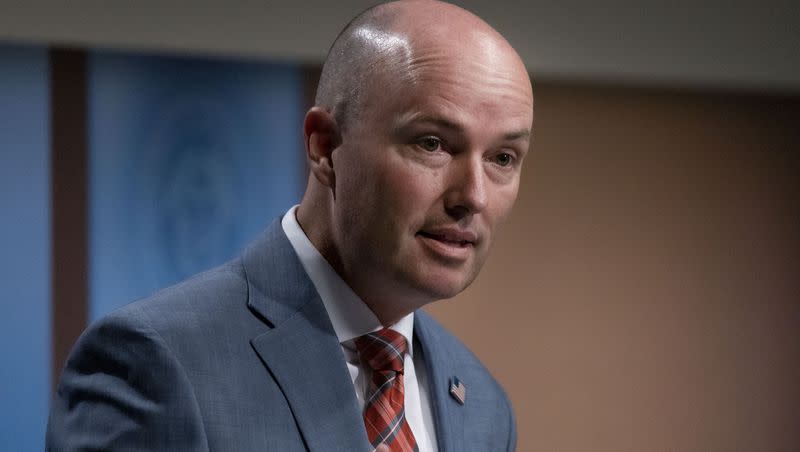 Gov. Spencer Cox speaks during the PBS Utah Governor’s Monthly News Conference at the Eccles Broadcast Center in Salt Lake City on Thursday, Aug. 17, 2023.