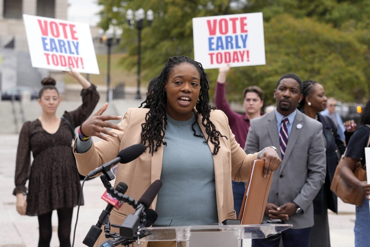 Democratic Congressional candidate Odessa Kelly speaks Nov. 2, 2022, in Nashville, Tenn., after election officials confirmed erroneous votes had been cast in the wrong races in Nashville since early voting began. (AP Photo/Mark Humphrey, File)