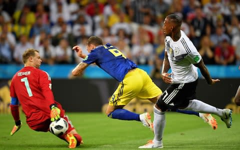 Jerome Boateng sends Marcus Berg tumbling in the box - Credit: getty images