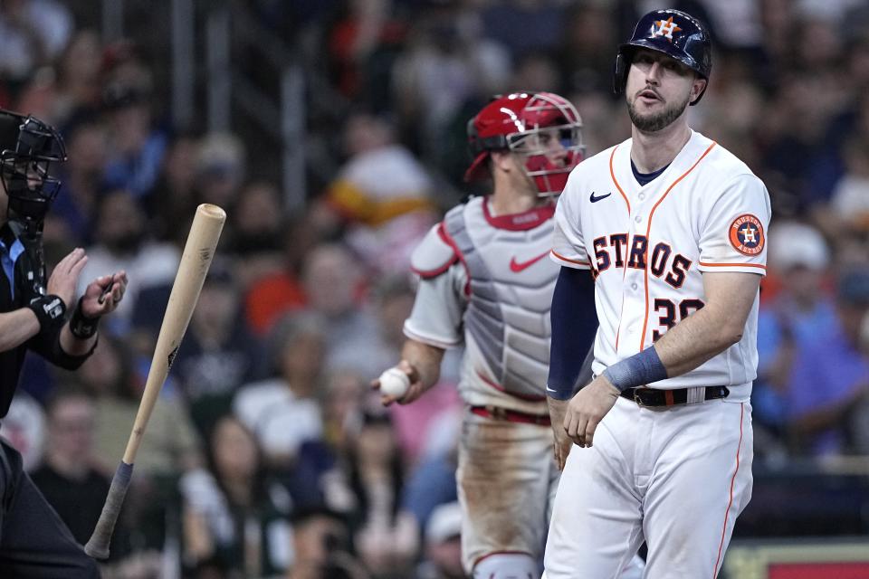 Houston Astros' Kyle Tucker tosses his bat after striking out to end the sixth inning of a baseball game against the Philadelphia Phillies Saturday, April 29, 2023, in Houston. (AP Photo/David J. Phillip)