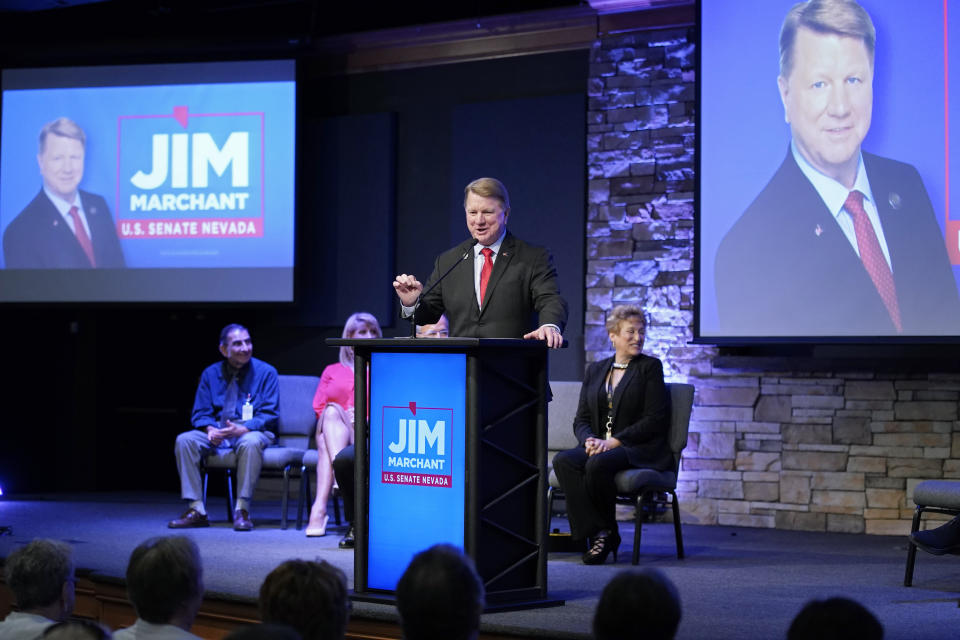 Jim Marchant speaks at an event to announce his candidacy for the U.S Senate seat in Nevada, Tuesday, May 2, 2023, in Las Vegas. (AP Photo/John Locher)