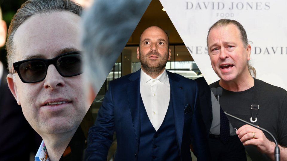 Left to right: Qantas CEO Alan Joyce, former Masterchef judge George Calombaris, celebrity chef and Rockpool chief Neil Perry. (Source: AAP, Getty)