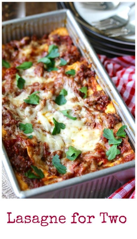 <p>Karen's Kitchen</p><p>When you want classic lasagne for dinner, but do not want to make a full casserole of this hearty dish, make this lasagne for two.</p><p><strong>Get the recipe: <a href="https://www.karenskitchenstories.com/2018/10/lasagne-for-two-or-three.html" rel="nofollow noopener" target="_blank" data-ylk="slk:Lasagna for Two;elm:context_link;itc:0;sec:content-canvas" class="link rapid-noclick-resp">Lasagna for Two</a></strong></p><p><strong>Related: <a href="https://parade.com/735218/nettiemoore/21-cute-romantic-valentines-day-desserts/" rel="nofollow noopener" target="_blank" data-ylk="slk:25 Best Valentine's Day Dessert Recipes;elm:context_link;itc:0;sec:content-canvas" class="link rapid-noclick-resp">25 Best Valentine's Day Dessert Recipes</a></strong></p>