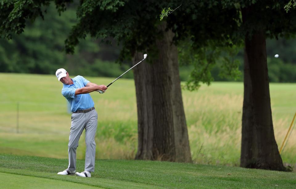 Steve Stricker makes his approach on the 16th hole during second round of the Bridgestone Senior Players Tournament at Firestone Country Club on Friday.