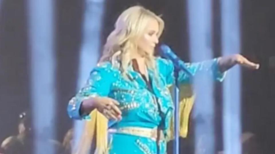 美國鄉村音樂女歌手米蘭達（Miranda Lambert）「暫停演出」制止歌迷自拍。（圖／翻攝自《紐約郵報》）