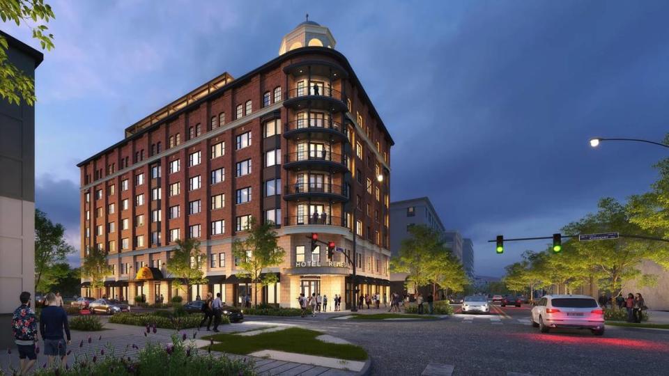 The seven-story Hotel Renegade includes a unique gazebo on the roof of its southeastern corner, shown at top in this rendering looking from the corner of 11th and Grove streets. Courtesy of Hendricks Commercial Properties and Geronimo Hospitality Group