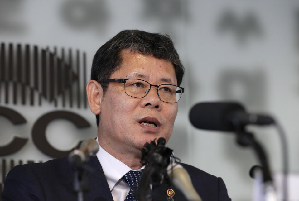 FILE - In this June 4, 2019, file photo, South Korean Unification Minister Kim Yeon-chul answers a reporter's question during a meeting with the members of foreign media in Seoul, South Korea. South Korean President Moon Jae-in on Friday, June 19, 2020 accepted the resignation of Kim, Moon's point man on North Korea, who had asked to quit after the North destroyed a liaison office while ramping up pressure against Seoul amid stalled nuclear negotiations with the Trump administration. (AP Photo/Lee Jin-man, File)