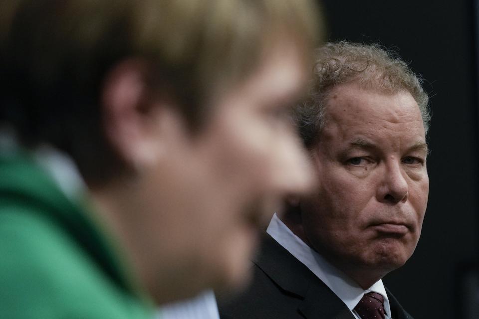 Wisconsin Supreme Court candidates Republican-backed Dan Kelly and Democratic-supported Janet Protasiewicz participate in a debate Tuesday, March 21, 2023, in Madison, Wis. (AP Photo/Morry Gash)