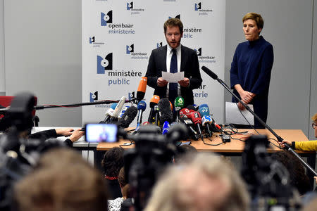 Brussels Prosecutor spokesman, Gilles Dejemeppe, holds a news conference with Brussels prosecutor office's spokesperson Ine Van Wymersch at the Prosecutor Office in Brussels, Belgium, November 17, 2017. REUTERS/Eric Vidal