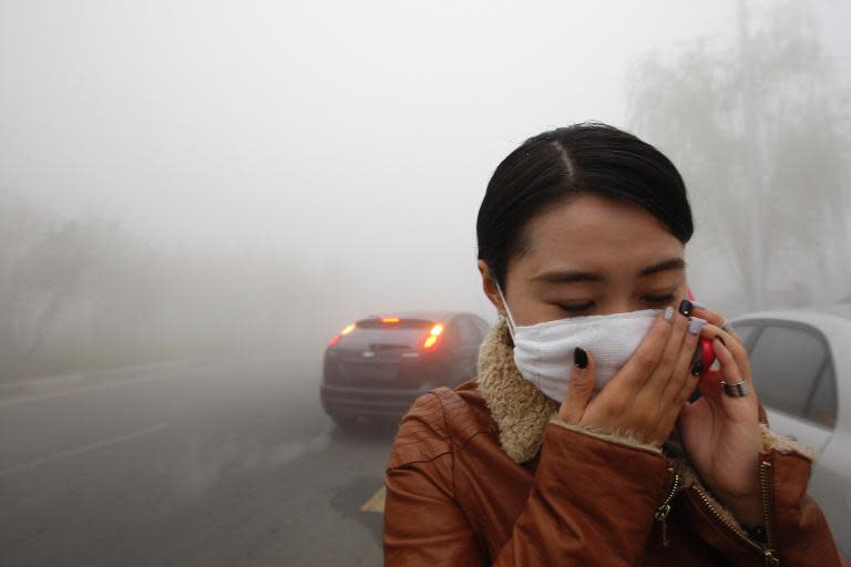 A woman wearing a mask covers her mouth with her hands as she walks in the smog in Harbin, China's Heilongjiang province, on October 21, 2013