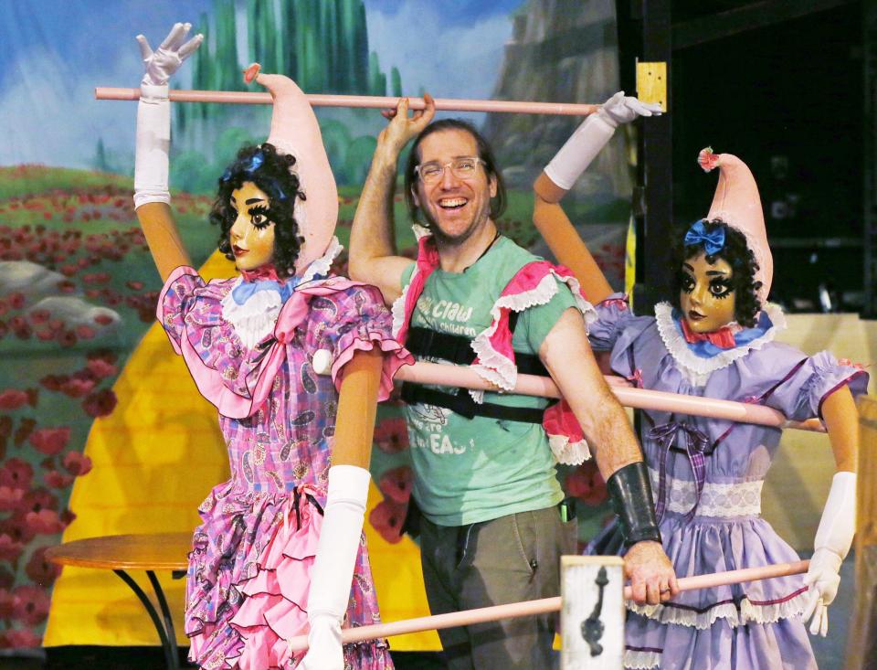 Ryan Zarecki demonstrates the Lullaby League puppets during Ohio Shakespeare Festival's rehearsal of "The Wizard of Oz" on Wednesday, April 17, 2024 in Akron.