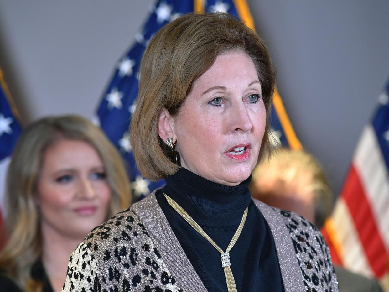 A November 19, 2020 photo shows Sidney Powell speaking during a press conference at the Republican National Committee headquarters in Washington, DC (AFP via Getty Images)