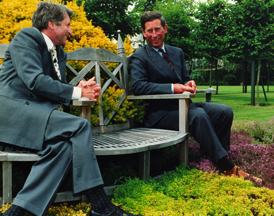 Prince Charles in conversation with Jonathan Dimbleby in his garden at Highgrove during the filming of the television documentary 'CHARLES: THE PRIVATE MAN' on 29.6.94. Tonight (Monday) the BBC will screen a Panorama interview with the Princess herself which is the subject of much media speculation.