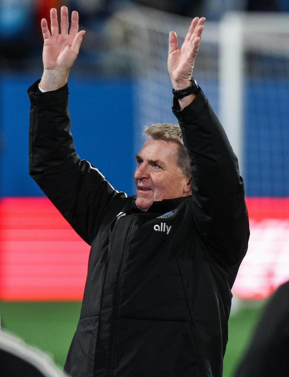 Charlotte FC’s head coach Dean Smith waves to fans after a victory against New York City FC, 1-0, after the home opener at Bank of America Stadium in Charlotte, NC on February 24, 2024.