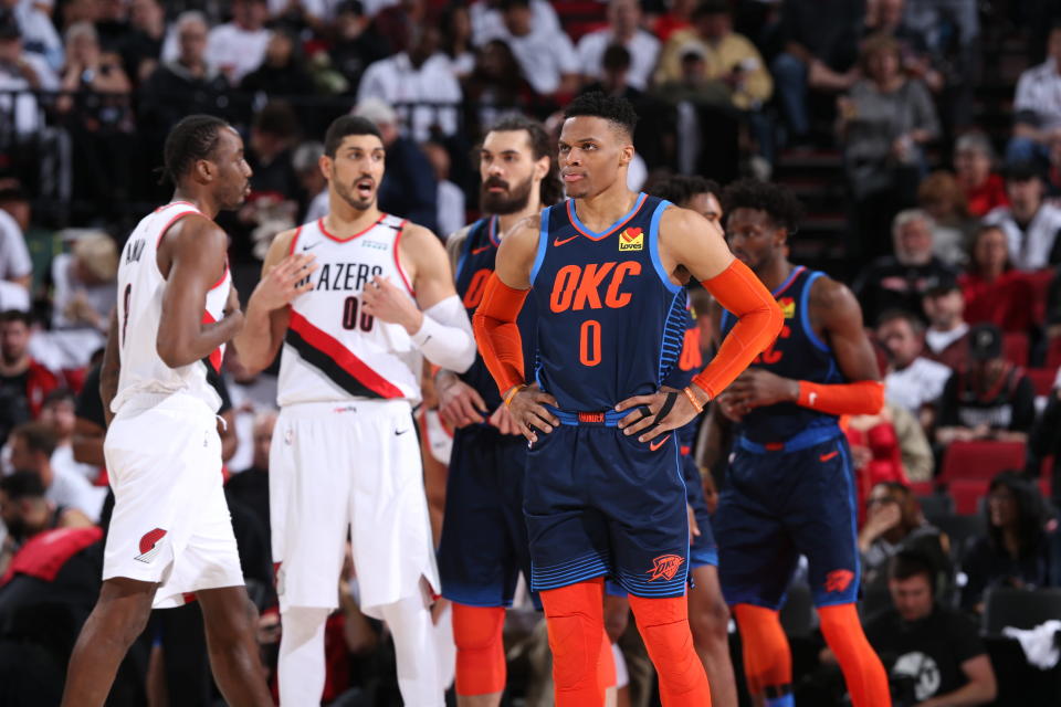 PORTLAND, OR - APRIL 23:  Russell Westbrook #0 of the Oklahoma City Thunder looks on during Game Five of Round One of the 2019 NBA Playoffs against the Oklahoma City Thunder on April 23, 2019 at the Moda Center in Portland, Oregon. NOTE TO USER: User expressly acknowledges and agrees that, by downloading and or using this Photograph, user is consenting to the terms and conditions of the Getty Images License Agreement. Mandatory Copyright Notice: Copyright 2019 NBAE (Photo by Sam Forencich/NBAE via Getty Images)