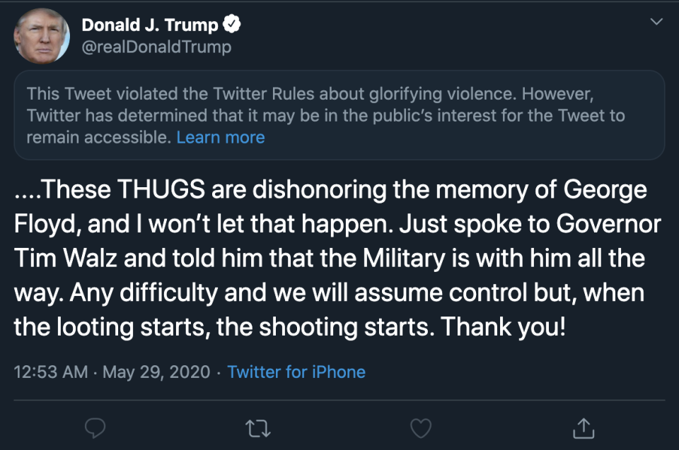 Trump's tweet that violated Twitter's terms of service. (Image: Twitter)