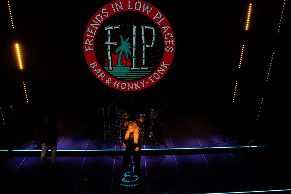 Trisha Yearwood talks to the media about the opening of the bar and the work it took to build it at Friends in Low Places Bar & Honky-Tonk on broadway street in Nashville, Tenn., Thursday, March 7, 2024.