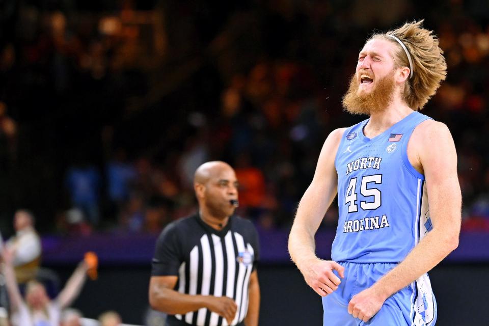 North Carolina forward Brady Manek celebrates after hitting a 3-pointer against Kansas during the NCAA championship game at Caesars Superdome in New Orleans.