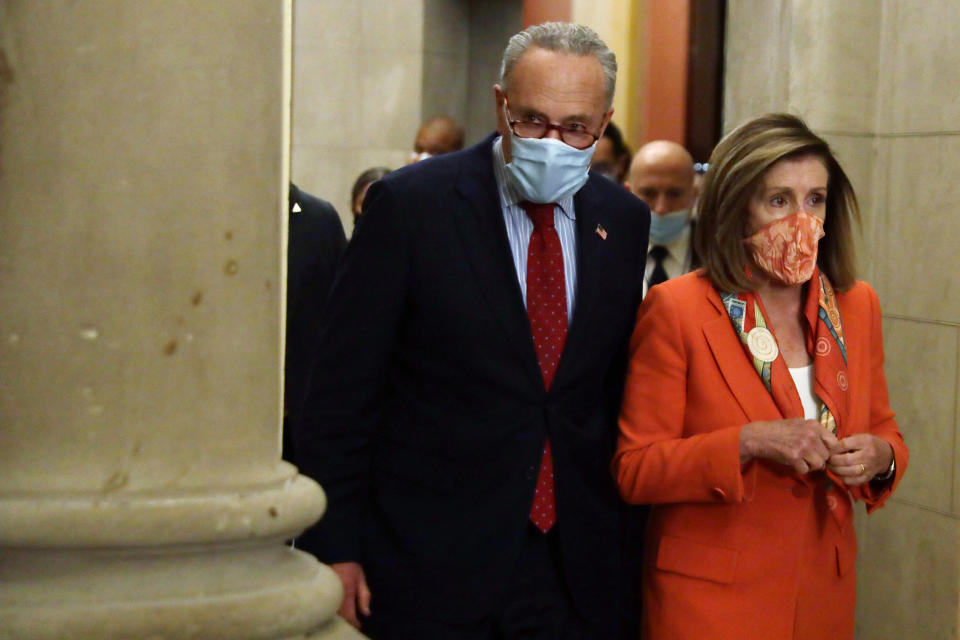 U.S. Senate Minority Leader Charles Schumer (D-N.Y.) arrives to speak to the media with House Speaker Nancy Pelosi (D-Calif.) at the U.S. Capitol on Aug. 4 in Washington, D.C. (Photo: Alex Wong via Getty Images)