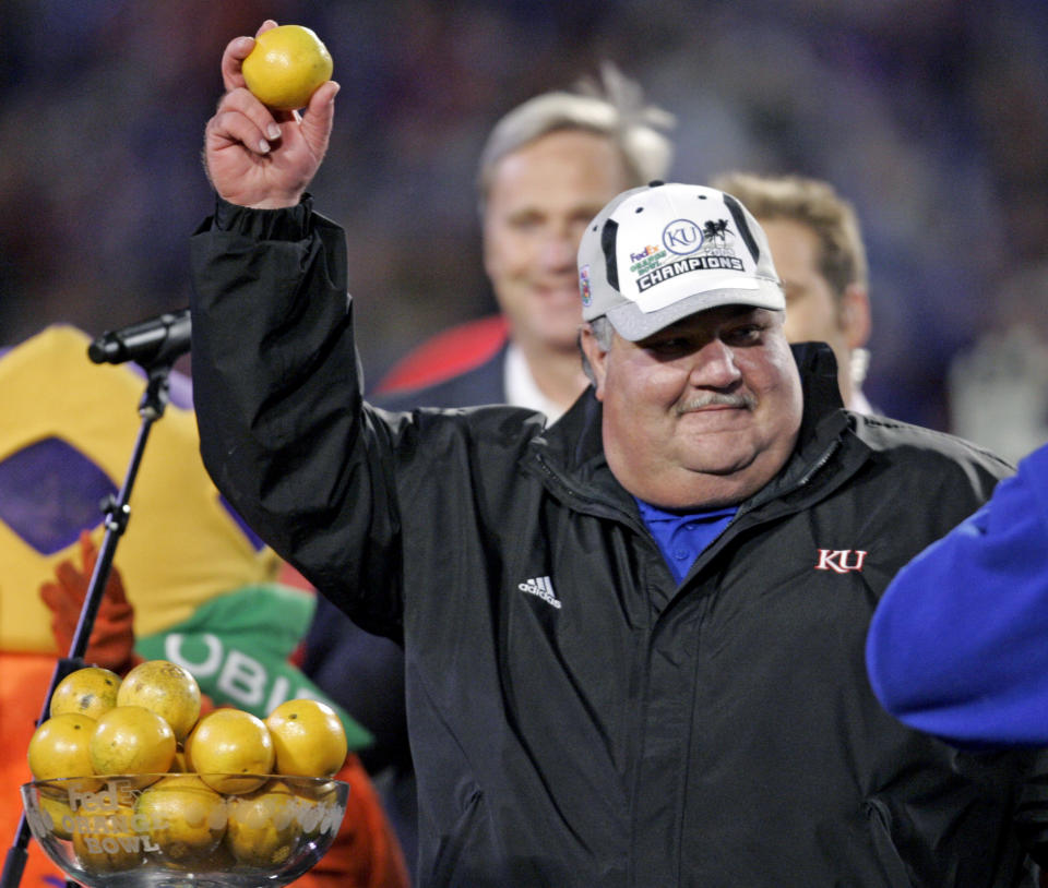 Mark Mangino led Kansas to an Orange Bowl victory in 2007. (AP)