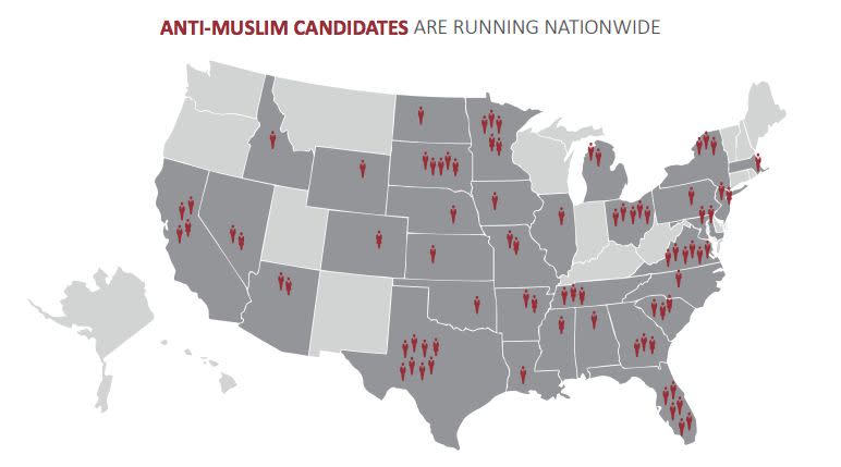 The states with the most anti-Muslim candidates were Texas with eight, followed by Virginia and Florida with six apiece. (Photo: Running on Hate report by Muslim Advocates)