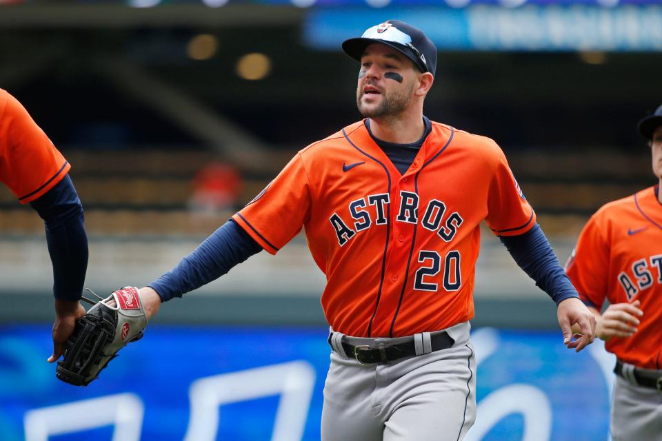 Houston Astros right fielder Chas McCormick celebrates the win over the Minnesota Twins after a baseball game Sunday, April 9, 2023, in Minneapolis. The Astros won 5-1. (AP Photo/Bruce Kluckhohn)