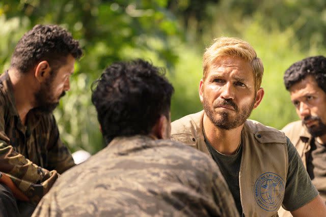 <p>Amazon Prime Video / Courtesy of Everett</p> Jim Caviezel (second from right) in <em>Sound of Freedom</em> (2023)