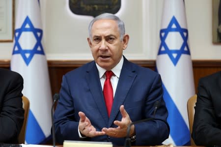 Israeli Prime Minister Benjamin Netanyahu speaks during the weekly cabinet meeting at his office in Jerusalem