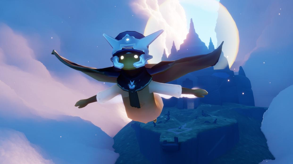  Sky Children of the Light - a player in a blue hat and cape flies away from a temple in the sky. 