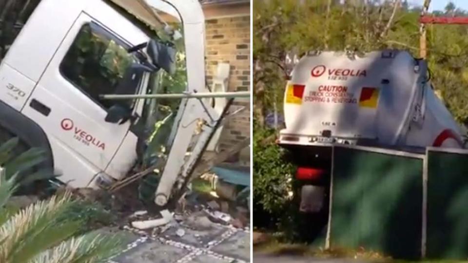 garbage truck smashed through a fence and in Belrose back yard. 