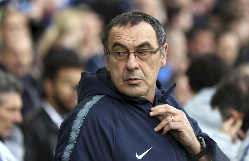 Chelsea manager Maurizio Sarri before the Premier League match against Everton, at Goodison Park in Liverpool, England, Sunday March 17, 2019. (Martin Rickett/PA via AP)