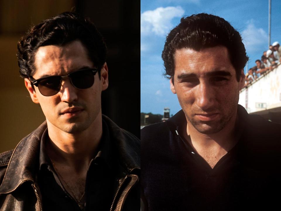 A side-by-side image of Gabriel Leone, in sunglasses and a leather jacket, as Alfonso de Portago in "Ferrari," and the real-life de Portago in 1956.