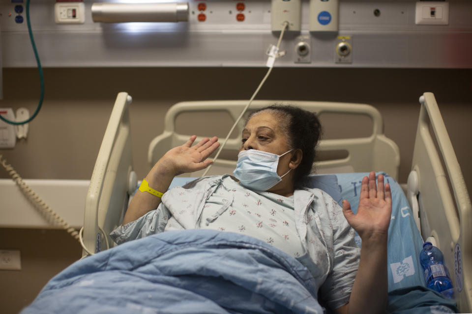 Randa Aweis, who received a kidney transplant from Yigal Yehoshua, a Jewish man who died May 17 after being pelted with rocks amid clashes between Arabs and Jews in Israel’s mixed city of Lod, speaks during an interview, at Hadassah Ein Karem Hospital in Jerusalem, Monday, May 24, 2021. (AP Photo/Maya Alleruzzo)