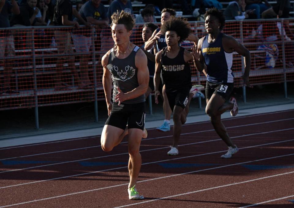 Pitman’s Blayne Siebert sprints to victory in the boys 100 meter race with a time of 10.46 in the Central California Athletic League Championships at Downey High School in Modesto, Calif., Wednesday, May 1, 2024.