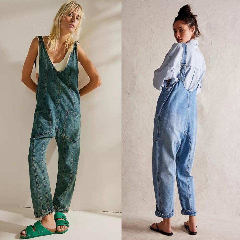 models showing front and back view of sleeveless denim jumpsuit