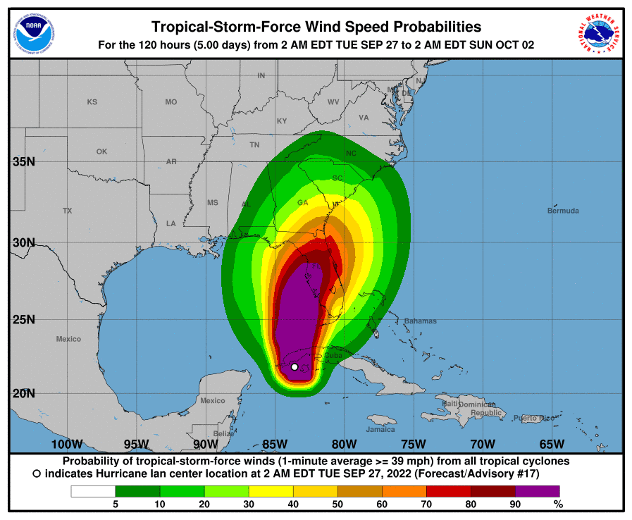 Tropical-storm-force wind probabilities for Hurricane Ian as of 8 a.m. Tuesday, Sept. 27, 2022.