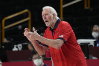 United States of America coach Gregg Popovich talks to his team during a men's basketball preliminary round game against the Czech Republic at the 2020 Summer Olympics, Saturday, July 31, 2021, in Saitama, Japan. (AP Photo/Eric Gay)
