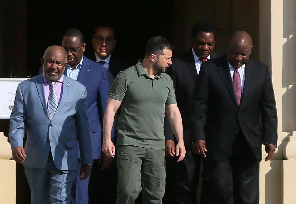 Egyptian Prime Minister Mustafa Madbuly, President of Senegal Macky Sall, President of the Union of Comoros Azali Assoumani, President Volodymyr Zelensky, South African President Cyril Ramaphosa and President of Zambia Hakainde Hichilema walk to attend a joint press conference following their meeting in Kyiv, Ukraine on 16 June, 2023. (Photo by STR/NurPhoto via Getty Images)