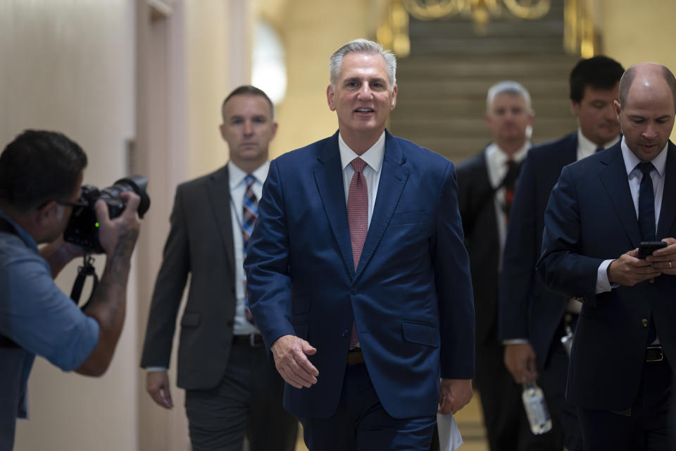 Speaker of the House Kevin McCarthy, R-Calif., arrives to meet with the House Republican Conference about launching an impeachment inquiry into President Joe Biden, at the Capitol in Washington, Thursday, Sept. 14, 2023. (AP Photo/J. Scott Applewhite)