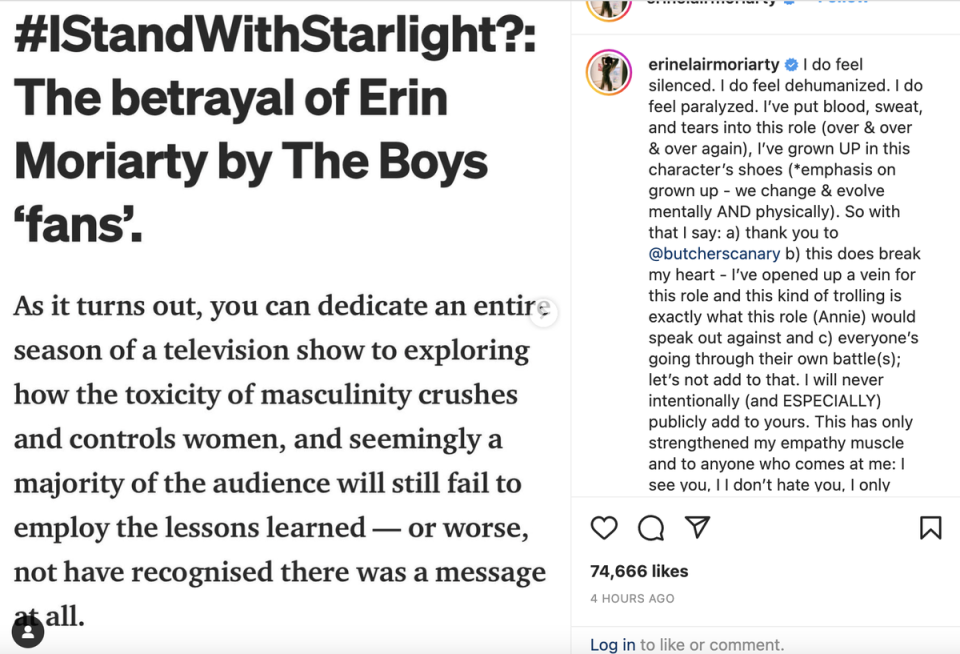 Erin Moriarty opens up about being ‘silenced’ by fans of 'The Boys’ (Instagram)