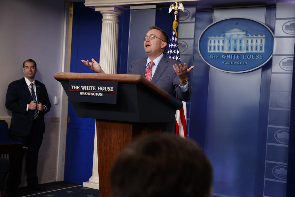 White House chief of staff Mick Mulvaney announces that the G-7 will be held at Trump National Doral on Oct. 17, 2019.&nbsp; (Photo: AP Photo/Evan Vucci)