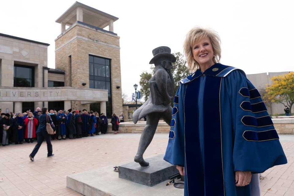 Washburn University president JuliAnn Mazachek smiles in front of Morgan Hall, following a group photo as shown in this Oct. 27, 2023, file photo. Mazachek spent about seven months as president of MSU Texas before returning to Washburn in Topeka, Kansas.