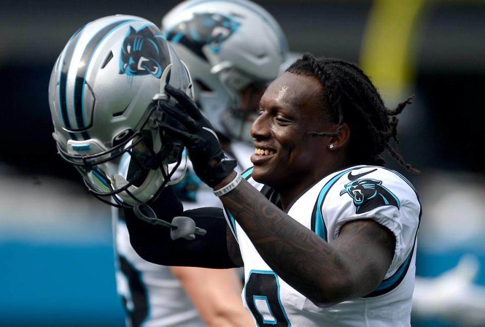 Carolina Panthers cornerback Jaycee Horn smiles as he runs off the field after narrowly missing an interception during fourth quarter action against the New Orleans Saints at Bank of America Stadium in Charlotte, NC on Sunday, September 18, 2021. The Panthers defeated the Saints 26-7.