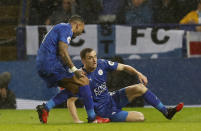 Football Soccer Britain - Leicester City v Manchester City - Premier League - King Power Stadium - 10/12/16 Leicester City's Andy King celebrates scoring their second goal with Danny Simpson Action Images via Reuters / Carl Recine Livepic EDITORIAL USE ONLY. No use with unauthorized audio, video, data, fixture lists, club/league logos or "live" services. Online in-match use limited to 45 images, no video emulation. No use in betting, games or single club/league/player publications. Please contact your account representative for further details.