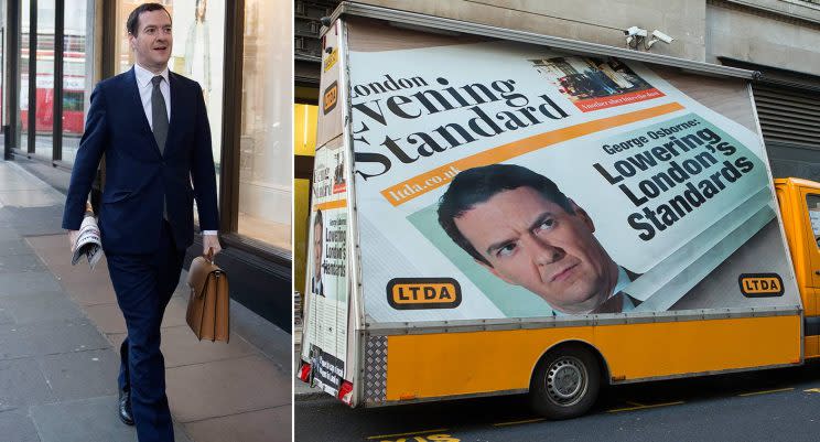 George Osborne arrived at the Evening Standard for his first day as editor — but was greeted by protests 