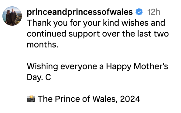 Post by the Prince of Wales expressing gratitude for support and wishing a Happy Mother's Day