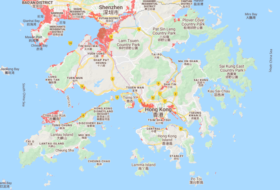 地圖中紅色部分為低於海平面三呎以下地帶，面臨較高水浸風險。